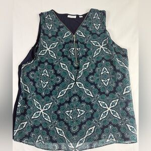 New York & Company Navy and Teal Geometric Blouse
